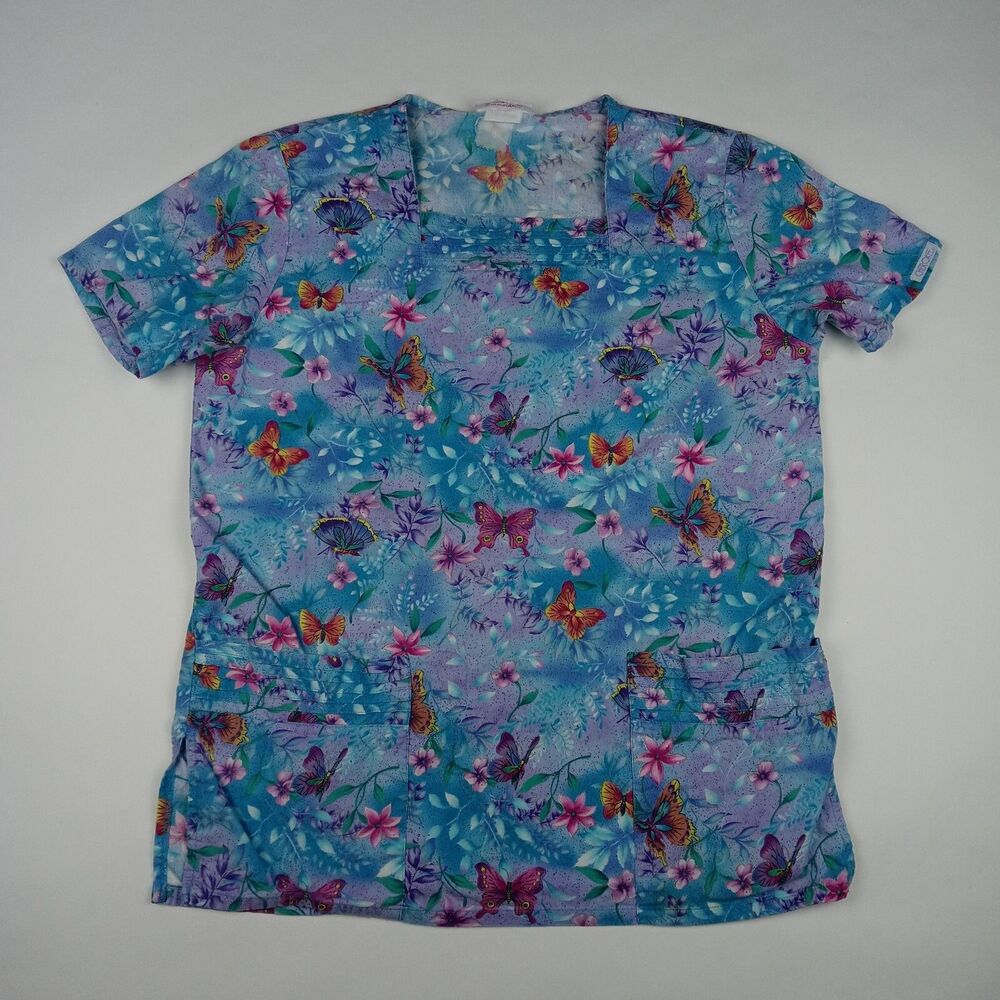 CHEROKEE Scrub Top Shirt Butterflies Flowers Women's Size Medium